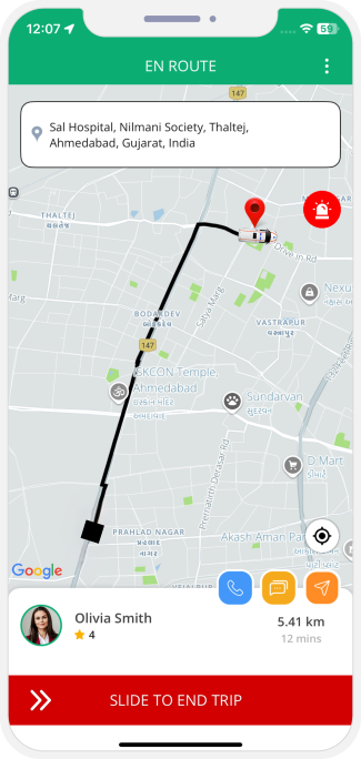 Ambulance driver slide to end trip and Patient get notification for Trip completed