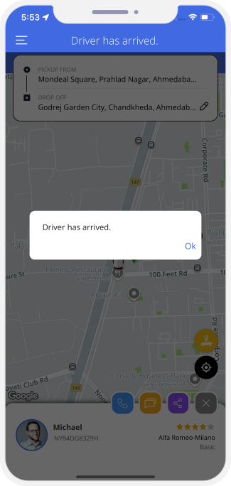 Rider is notified when driver reaches at location