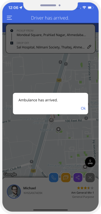 Patient is notified when Ambulance driver reaches at location