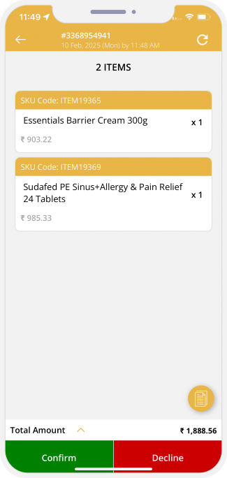 total bill amount confirm or decline