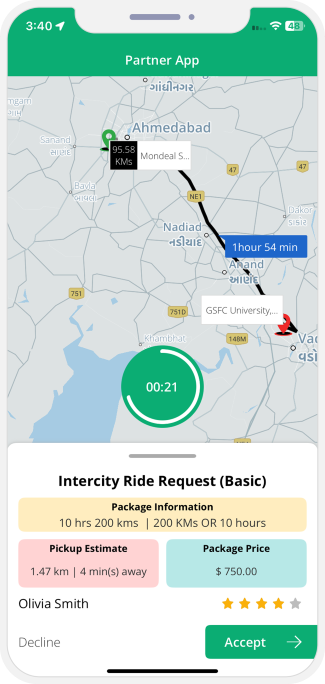 Driver accept or decline the request