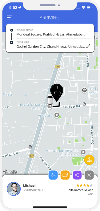 Rider can see the location of the Driver on a Map