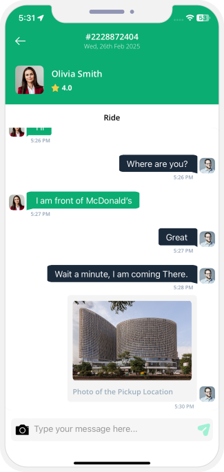 Driver updates when he arrives at pickup location