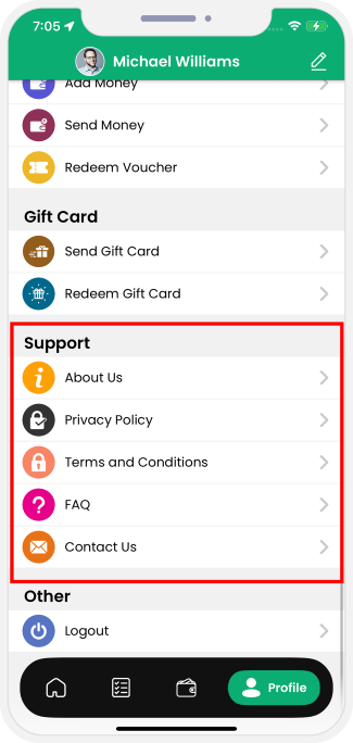 Information like About Us, Privacy Policy, Terms and Conditions, Contact US and FAQ.