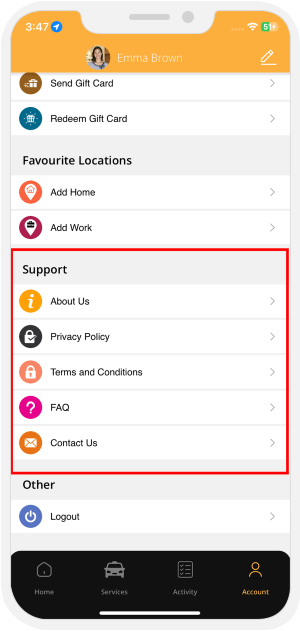 Support menu & About us