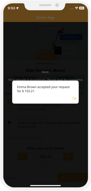 Driver will be notified that Rider has accepted the Offer