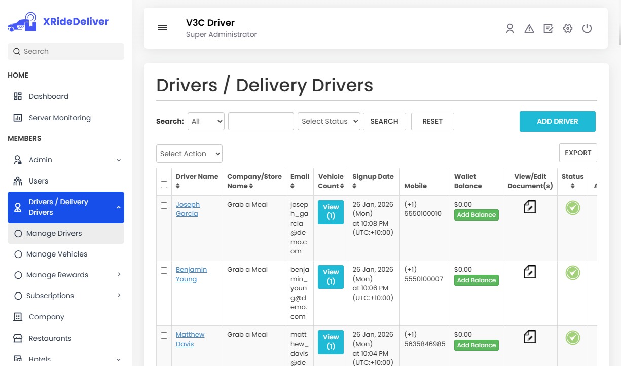 Manage Drivers/Delivery Drivers