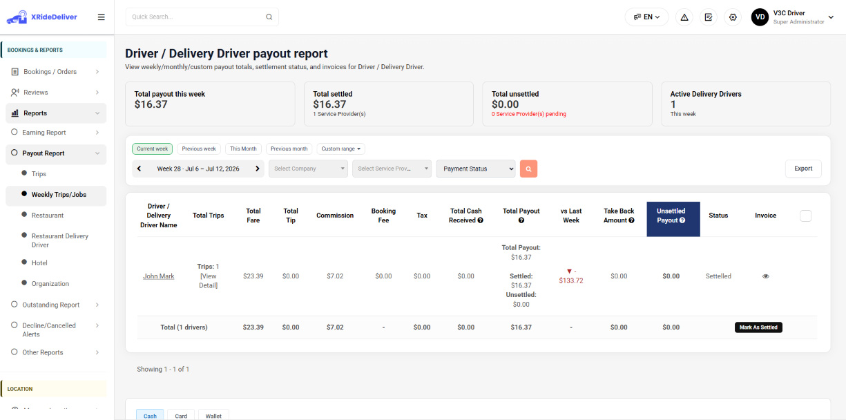 Driver / Delivery Driver payout report