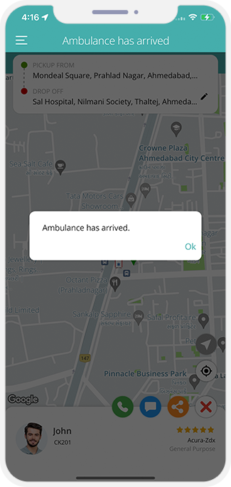 Patient is notified when Ambulance driver reaches at location
